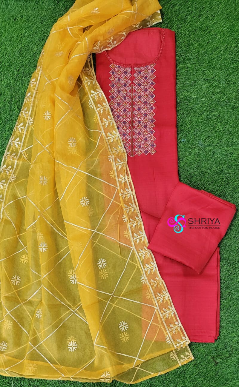 Very soft muslin silk top with a beautiful work on yoke paired with a embroidered organza dupatta and cotton silk bottom