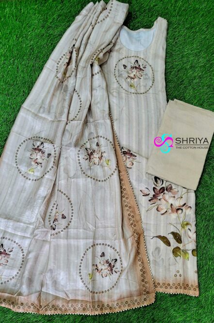 Pure muslin silk top paired with a printed soft muslin silk dupatta and cotton silk bottom