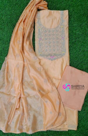 Soft silk top with embroidered yoke paired with a embroidered soft silk dupatta and cotton silk bottom