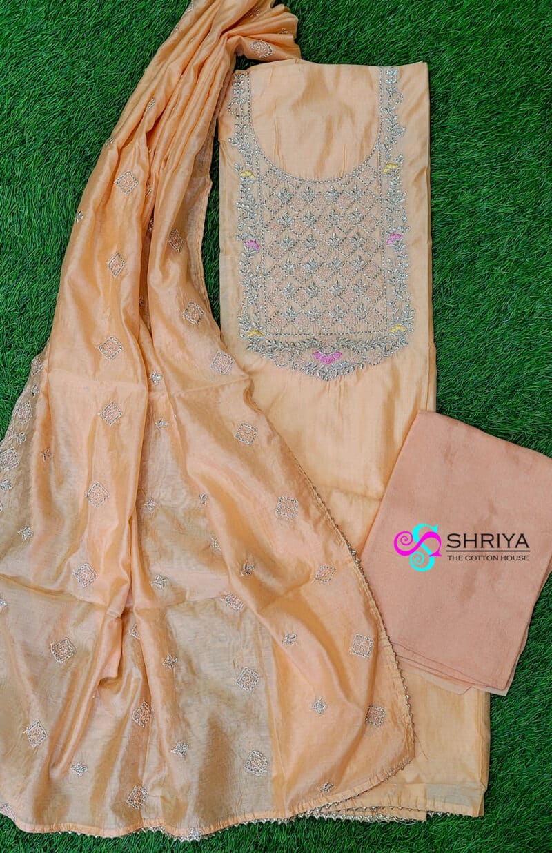 Soft silk top with embroidered yoke paired with a embroidered soft silk dupatta and cotton silk bottom