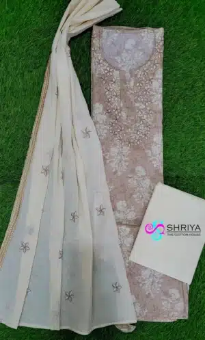Premium quality Rayon top with embroidered yoke paired with a embroidered soft cotton dupatta and contrast cotton bottom