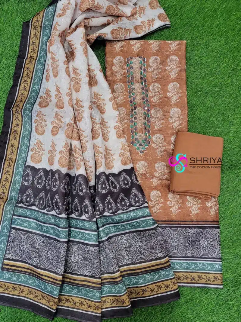 Handblock printed maheshwari silk top paired with a prijted pure Kota cotton dupatta and cotton bottom