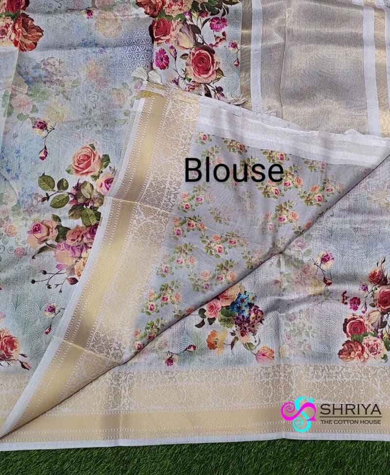 Beautiful Pastel shades of Pure Linen Cotton Saree with a trendy floral prints, Zari border and a floral printed blouse - Image 3