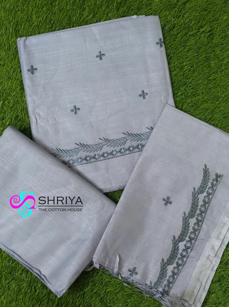 Embroidered linen cotton top paired with a Embroidered linen dupatta and linen cotton bottom