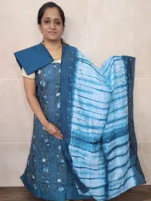 Embroidered soft silk top paired with a shibori dyed soft silk dupatta and cotton silk bottom