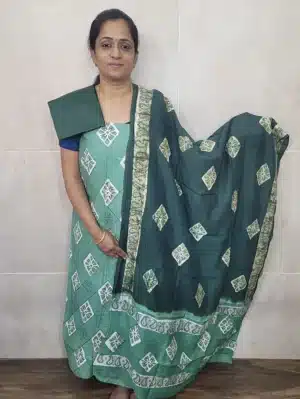 Batik dyed soft silk top paired with a batik dyed soft silk dupatta and cotton bottom