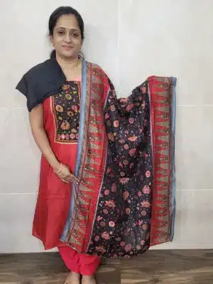 Modal silk top with a beautiful work on yoke paired with a printed modal silk dupatta and cotton silk bottom