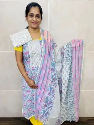 Printed Jaipur cotton top with cotton dupatta and cotton bottom