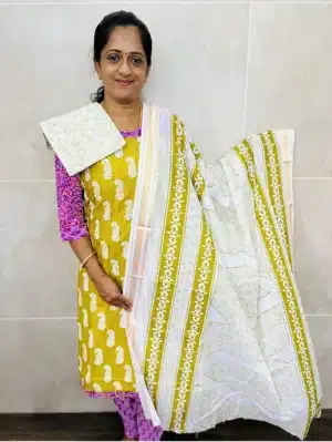 (Mustuard Yellow) Printed cottton top paired with a printed cotton dupatta and cotton bottom