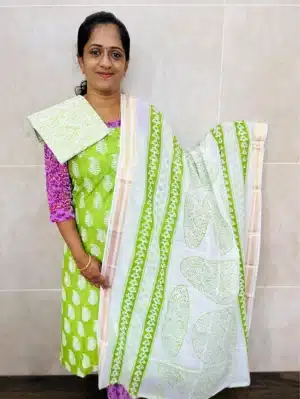 (Parrot green) Printed cottton top paired with a printed cotton dupatta and cotton bottom