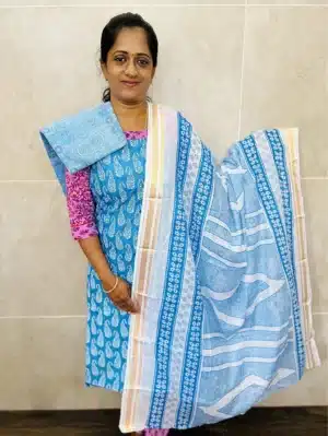 (Blue) Printed cottton top paired with a printed cotton dupatta and cotton bottom