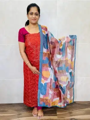 Embroidered organza top paired with a printed organza dupatta and silk bottom (lining included)