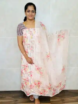 Digital printed premium linen cotton top with embroidered work paired with printed linen cotton dupatta and cotton bottom