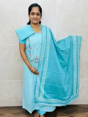 Premium quality cotton top with neat embroidered yoke paired with printed cotton dupatta and cotton bottom