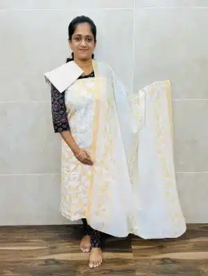 Printed cotton top with embroidered yoke paired with a soft cotton dupatta and cotton bottom