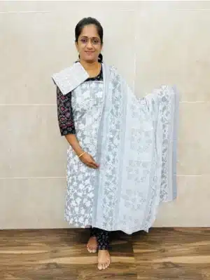 Printed cotton top with embroidered yoke paired with a soft cotton dupatta and cotton bottom
