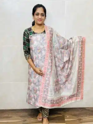Digital printed Chanderi silk top paired with digital printed Chanderi dupatta and silk bottom