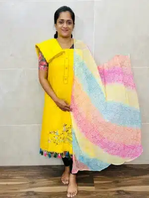 Soft cotton top with beautiful and unique embroidery paired with printed chiffon dupatta and soft cotton bottom