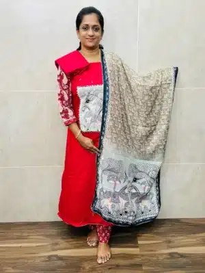 (Rani Pink) Soft cotton top with muslin silk patch work paired with soft silk dupatta and cotton bottom