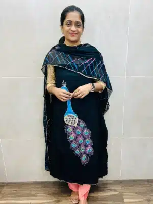 (Black) Rayon top with beautiful brush paint work paired with chiffon dupatta and rayon bottom