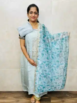 Pure dola silk top with simple embroidered yoke paired with printed pure organza dupatta and cotton silk bottom