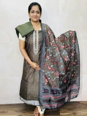 Printed soft Chanderi silk top with embroidered yoke paired with printed soft Chanderi silk dupatta and cotton silk bottom