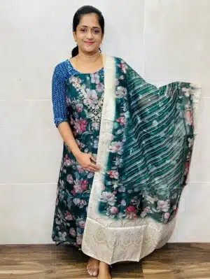 Digital printed Organza top with organza dupatta and cotton silk bottom