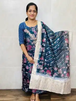 Digital printed Organza top with organza dupatta and cotton silk bottom