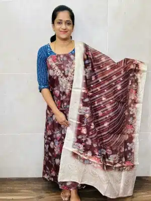 Digital printed Organza top with organza dupatta and cotton silk bottom