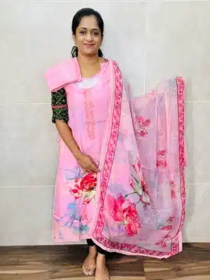 Pure muslin silk top paired with printed pure chiffon dupatta and cotton silk bottom