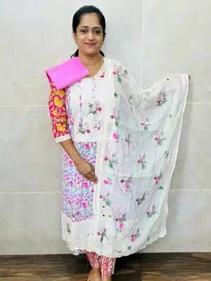 Soft cotton top with crochet lace work and embroidery paired with a embroidered cotton dupatta and cotton bottom