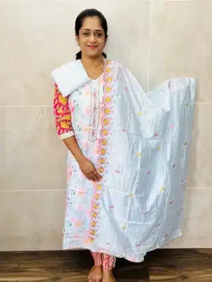 Digital printed linen cotton top with embroidered soft silk dupatta and silk bottom