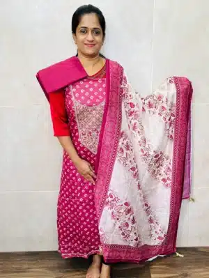 Printed Rayon top with embroidered yoke paired with printed soft cotton dupatta and cotton bottom