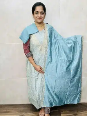 Printed soft modal silk top with v-neck embroidered yoke paired with embroidered soft silk dupatta and cotton silk bottom