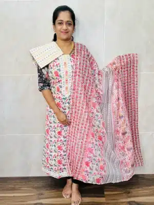 Printed Jaipur cotton top with cotton dupatta and cotton bottom