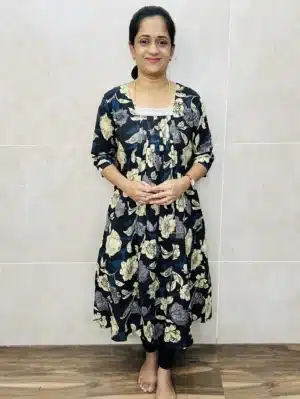 (Black) Printed Jaipur cotton top with crochet lace work and pleated yoke