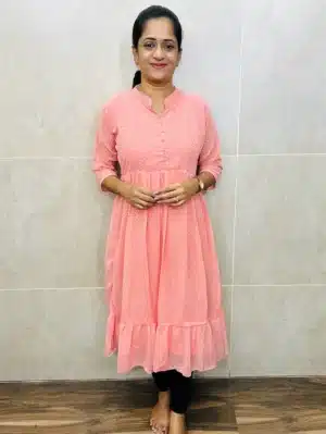 Printed Georgette top (crepe lining) with potli buttons on yoke and frill patterned flare (gown pattern)
