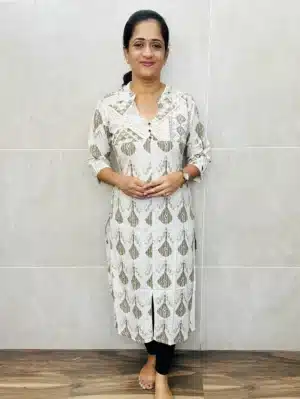 Brown - Premium printed cotton top with fancy buttons on yoke (straight cut)