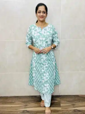 Printed cotton top (cotton lining) with patchworked yoke (Anarkali pattern) paired with printed cotton bottom