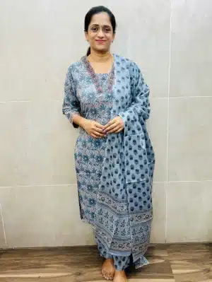 Handblock printed pure Jaipur cotton top with printed cotton dupatta and printed cotton bottom (1-side pocket)