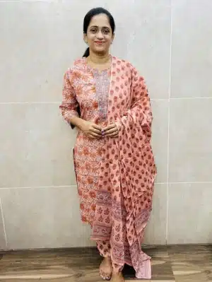 Handblock printed pure Jaipur cotton top with printed cotton dupatta and printed cotton bottom (1-side pocket)