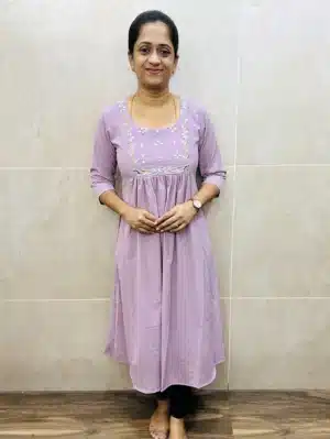 Lavendar - Imported premium Rayon top (crepe lining) with mirror worked and handworked yoke with pleated flare (Aline gown pattern)