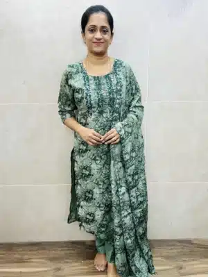 Printed premium soft silk top (crepe lining) with embroidered yoke paired with soft silk dupatta and silk bottom (straight cut)