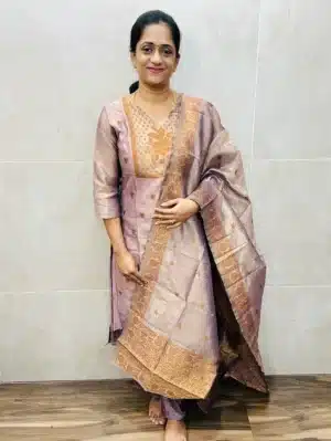 (Greyish Lavender)Premium soft Chanderi tissue silk top (crepe lining) with allover Benaras weaving paired with soft Chanderi tissue silk dupatta and silk bottom (straight cut)