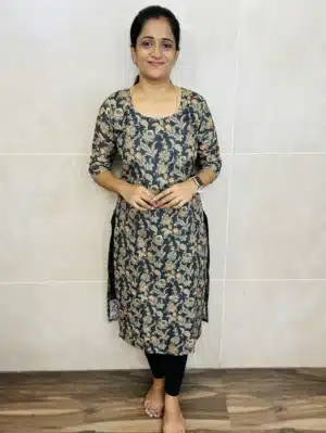 (Black)Printed Hakoba cotton top with cotton lining(straight cut)