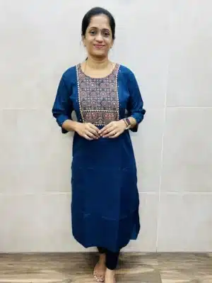 Premium cotton top with ajrakh cotton patchwork on yoke (straight cut)