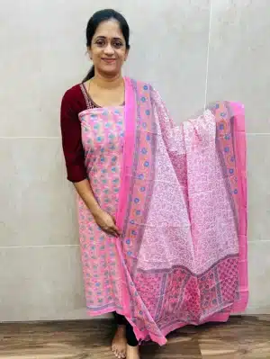 Pink - Handblock printed Jaipur cotton top with printed cotton dupatta and printed cotton bottom