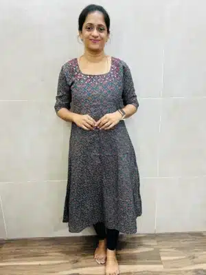 Black - Ajrakh printed cotton top (cotton lining) with mirror worked yoke and 1-side pocket (Panel cut Anarkali pattern)