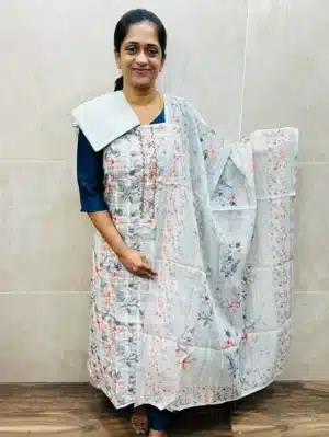 Printed linen cotton top with linen cotton dupatta and cotton silk bottom