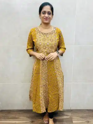 Printed cotton top (cotton lining) with handworked yoke (Panel cut Anarkali)